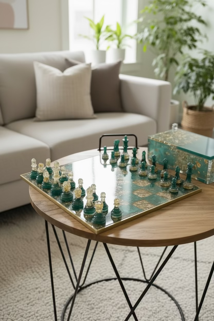 32-Piece Resin Chess Set with Storage Box – Green, Clear & Gold Foil