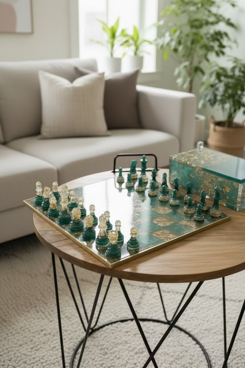 32-Piece Resin Chess Set with Storage Box – Green, Clear & Gold Foil