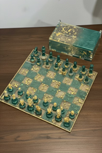 “12x 12” 32-Piece Resin Chess Set with Storage Box – Green, Clear & Gold Foil