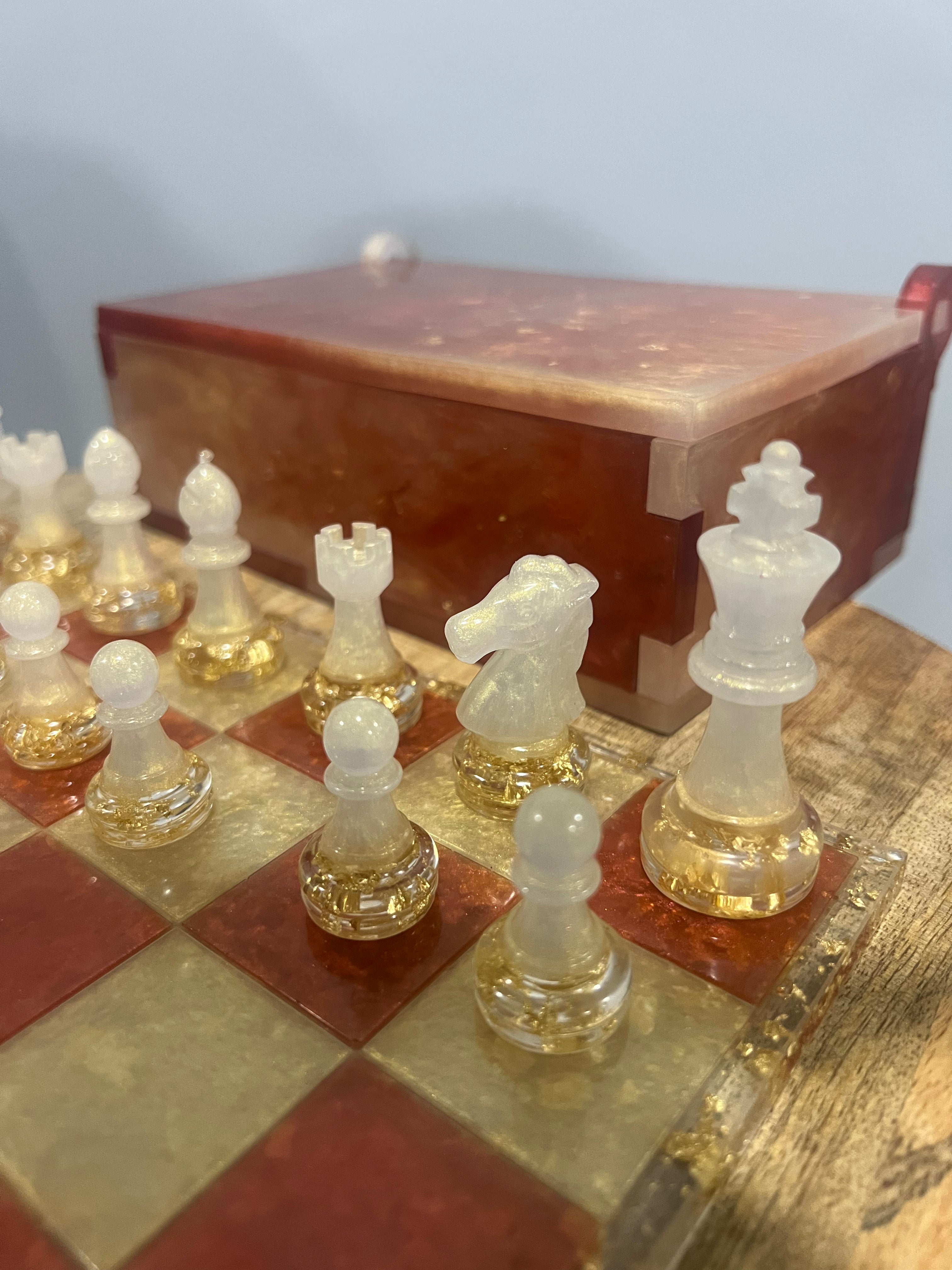 “12x12” 32 pieces Copper & White Gold Foil Chess Set with Storage Box