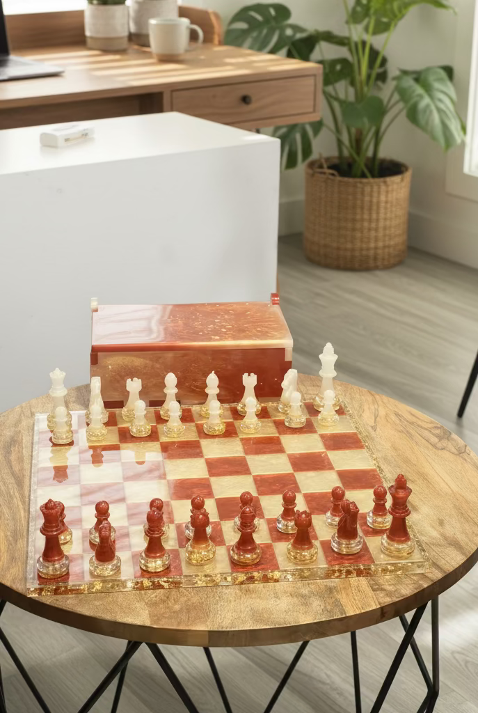 “12x12” 32 pieces Copper & White Gold Foil Chess Set with Storage Box