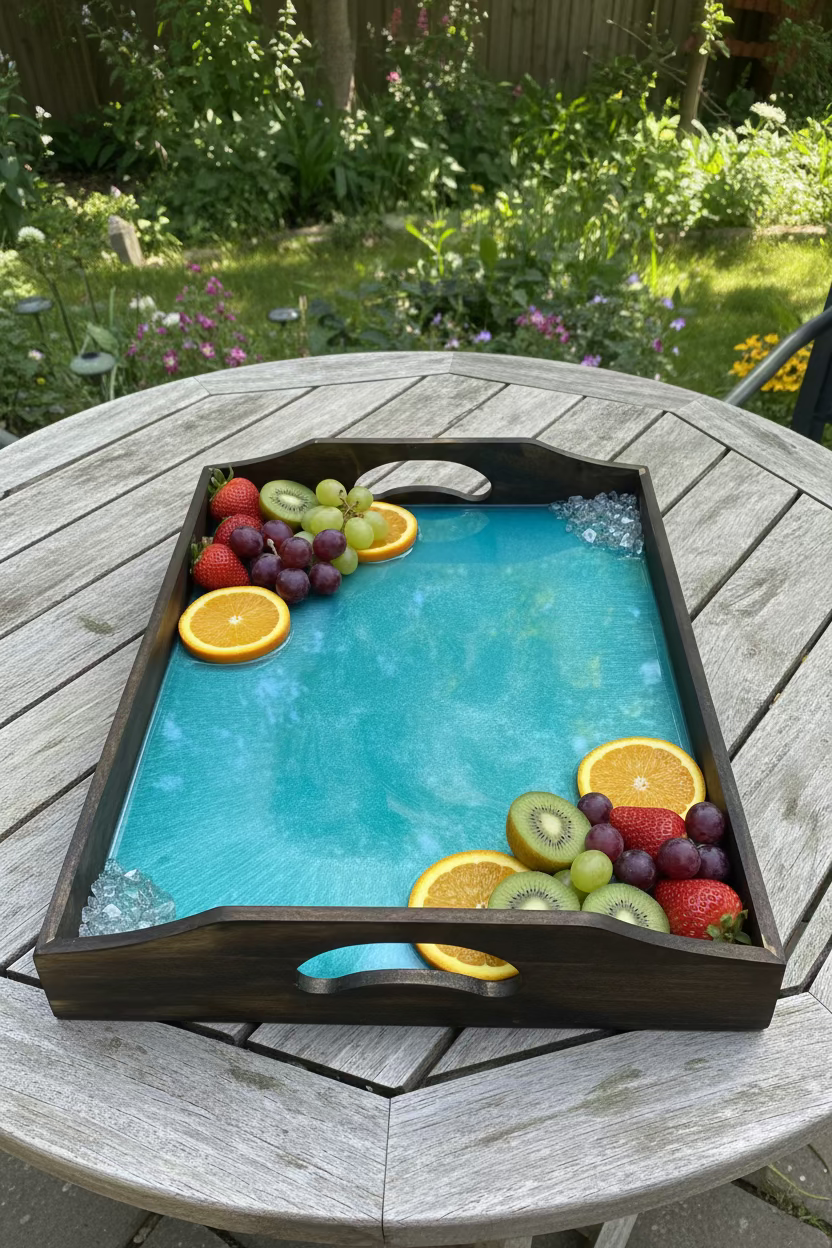 11 x 15 inch Wooden Resin Tray – Baby Blue & White Marble with crushed glass